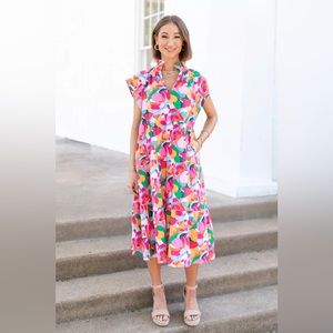 Avara Colorful Ruffle Collar Tiered Midi Dress